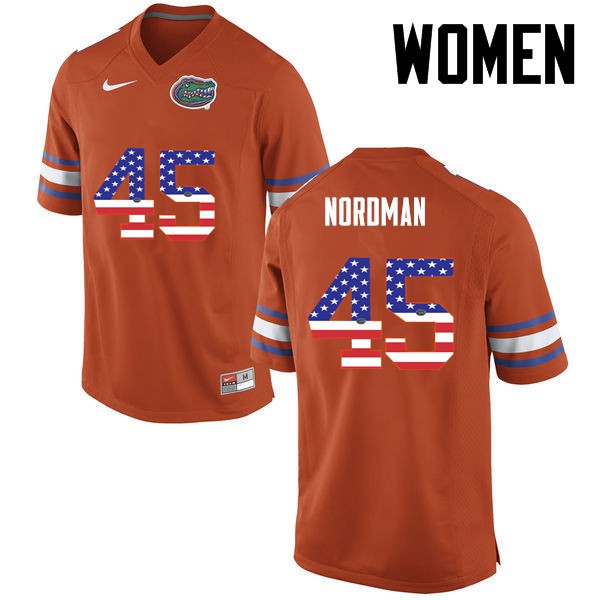 Florida Gators Women #45 Charles Nordman College Football Jersey USA Flag Fashion Orange